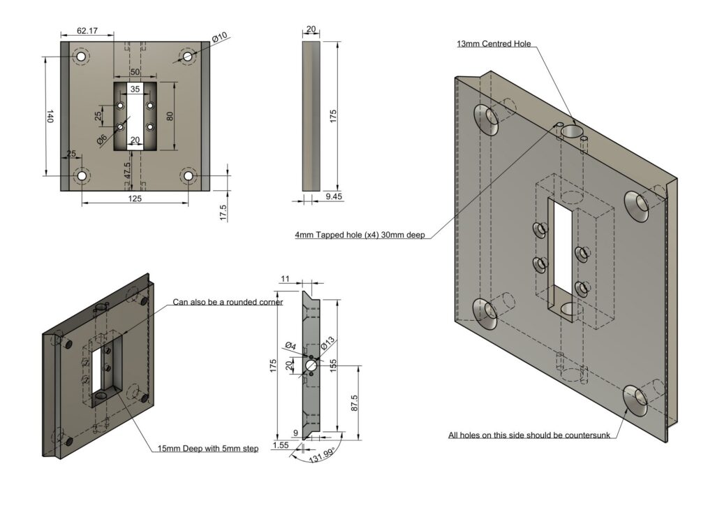Technical drawing of a 3D modelled part with model dimensions and job notes.